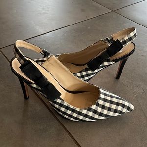 FS/NY shoes black white gingham plaid 9.5 patent heel pump sling back